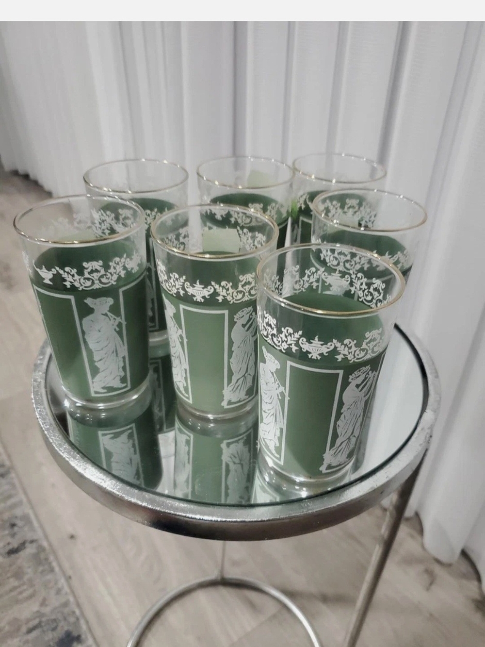 Green Glass Tumbler Set with White Classical Motif and Gold Trim - 7 Piece Set